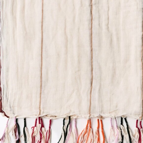 ZARA Women's Striped Fringed Linen Scarf(Ecru, Size:M) - Picture 6 of 8